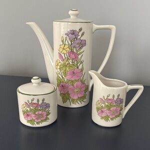 Floral Ceramic Coffee Set - Cream with Pink and Purple Flowers